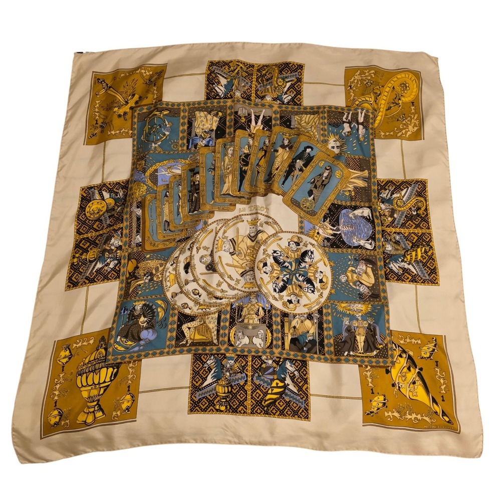 Hermes Le Tarot Silk Scarf Annie Faivre Carre 90 Cream Gold Blue Vintage
